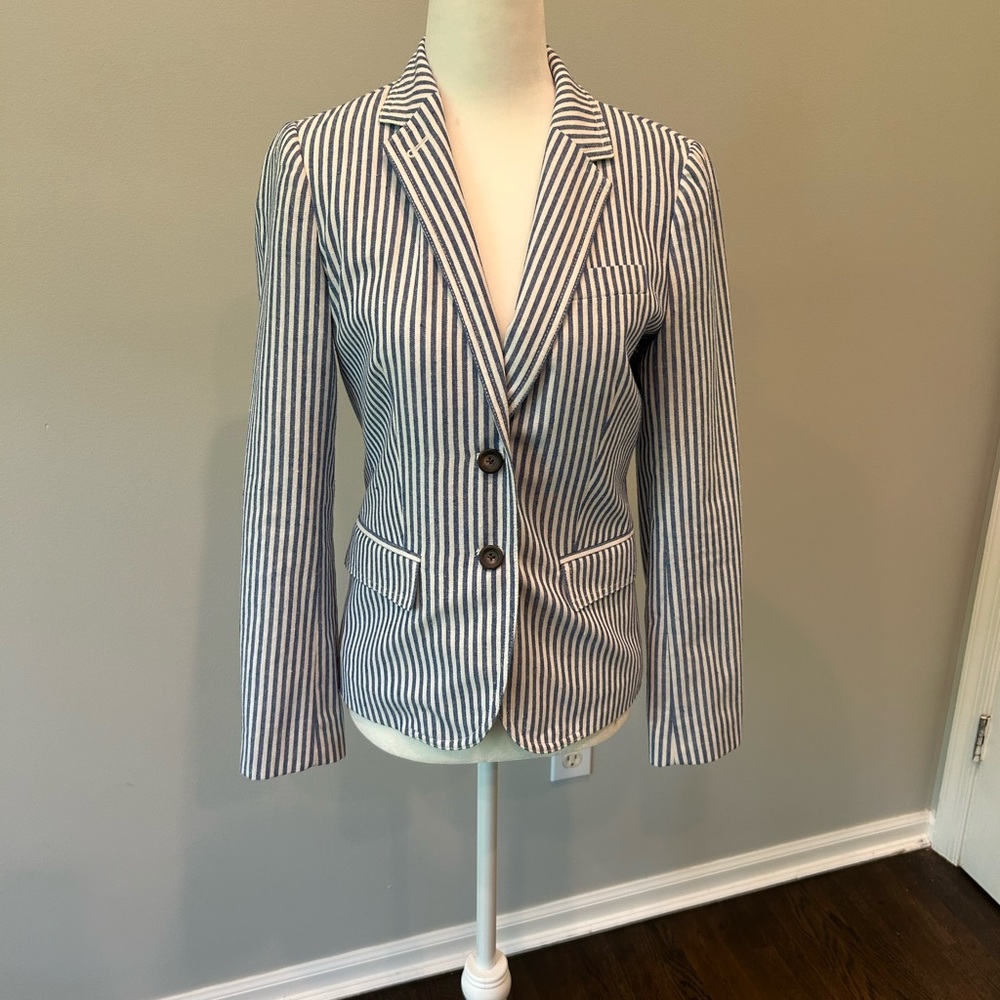 Like new! J. Crew Blue and White Striped Blazer. Size 0.
